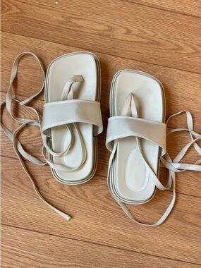 Charles & Keith Beige Lace-Up Square-Toe Sandals